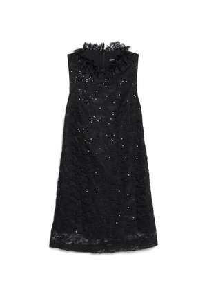 Μαύρο φόρεμα από δαντέλα με βολάν στο ντεκολτέ, διακοσμημένο με παγιέτες, αμάνικο σχέδιο και μήκος μέχρι το γόνατο.