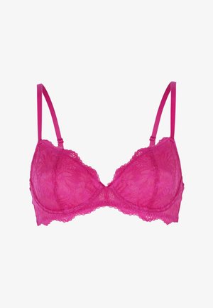 Reggiseno in pizzo rosa con coppe imbottite, spalline regolabili e motivi floreali. Presenta bordi smerlati e una texture liscia.