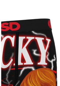 Men's underwear with a black waistband featuring red text. The design includes bold white lettering surrounded by electric-themed graphics.