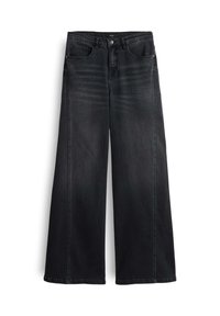 Jean large noir en denim, avec un design classique à cinq poches, fermeture à bouton sur le devant et détails légèrement décolorés sur le tissu.