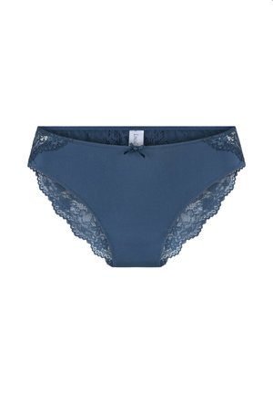 Donkerblauwe bikini-slipjes met kanten zijkanten en een klein strikje aan de voorkant. Glad materiaal met een semi-matte afwerking.