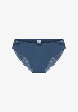 Braguitas de bikini azul oscuro con paneles laterales de encaje y un pequeño lazo en la parte frontal. Tejido suave con un acabado semi-mate.
