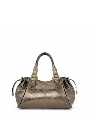 Sac à main en cuir bronze métallisé avec double poignées, détails de sangle à boucle et côtés à cordon sur fond blanc.