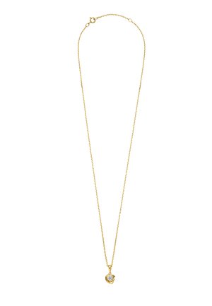 Goldene Halskette mit einem kleinen herzförmigen Anhänger, der in der Mitte einen einzelnen klaren Edelstein hat.