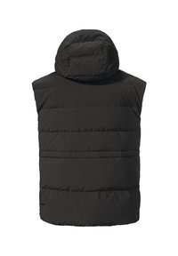 Schwarze Pufferweste mit Kapuze, gekennzeichnet durch eine gesteppten Textur und ohne Ärmel. Das Design umfasst horizontale Nähte für Isolierung.