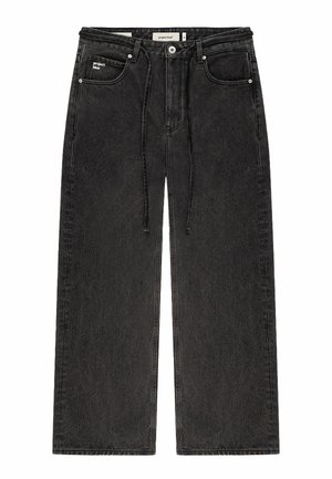 Schwarze, weit geschnittene Jeans aus Denim mit Fronttaschen, Knopf- und Reißverschluss sowie einem Kordelzug am Taillenbund.