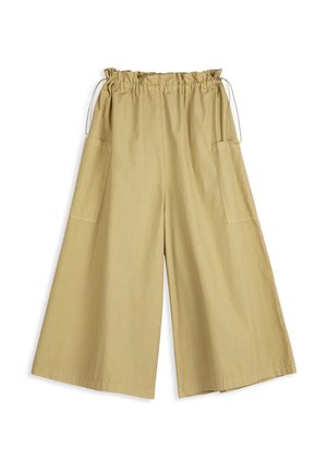 Pantalones beige de pierna ancha con cintura elástica y cordón, con grandes bolsillos laterales y un corte holgado.