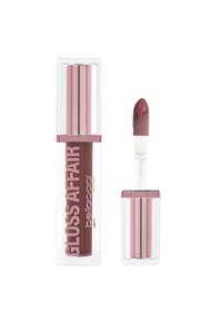 Rossetto liquido in un tubo rettangolare trasparente con un tappo rosa. L'applicatore è un applicatore a forma di piede di cervo di precisione, con un prodotto di colore malva all'interno.