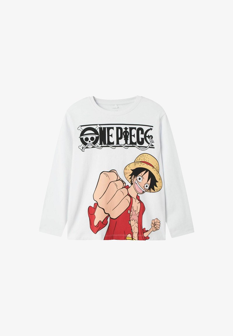 Weißes langärmliges T-Shirt mit einem Cartoon-Charakter, der einen Strohhut trägt und die Faust erhoben hat, bedruckt mit "ONE PIECE" in schwarzem Text darüber.