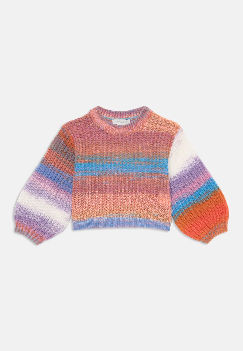 Maglione lavorato a maglia con scollo rotondo, caratterizzato da strisce multicolori in arancione, rosa, blu e lavanda, con maniche a sbuffo.