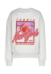 Light gray sweatshirt featuring a graphic design with a red tennis ball, "New York" in bold red script, and retro elements in purple and blue.