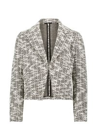 Geknipte jas in zwart-wit tweed, met een geknipselde kraag, open voorkant en lange mouwen van een textuurstof.