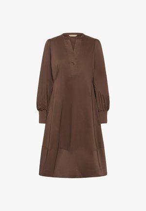 Bruine satijnen jurk met een V-hals, knoopdetails, lange opgeblazen mouwen en aansluitende manchetten, met een vloeiende A-lijn silhouet.