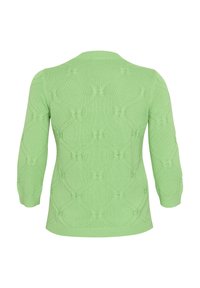 Maglione verde lavorato a maglia con un motivo a diamante testurizzato, maniche a tre quarti e scollatura rotonda. Design semplice con una finitura leggera e morbida.