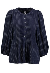 Blusa blu navy con motivo a fiori bianchi, davanti plissé, scollatura rotonda, abbottonatura e maniche a sbuffo con polsini elasticizzati.