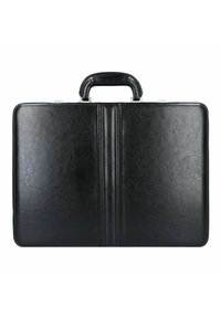 Black leather briefcase with a smooth texture, featuring a central split design, a rounded handle, and silver hardware accents.