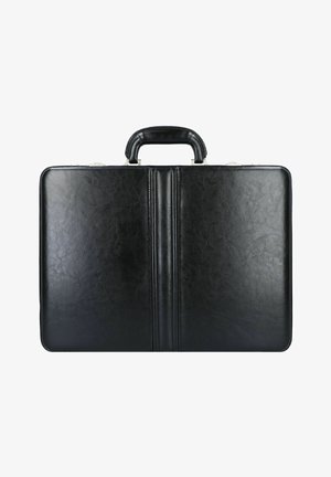 Zwarte leren aktetas met een gladde textuur, voorzien van een centraal gesplitst ontwerp, een ronde handgreep en zilveren hardware accenten.