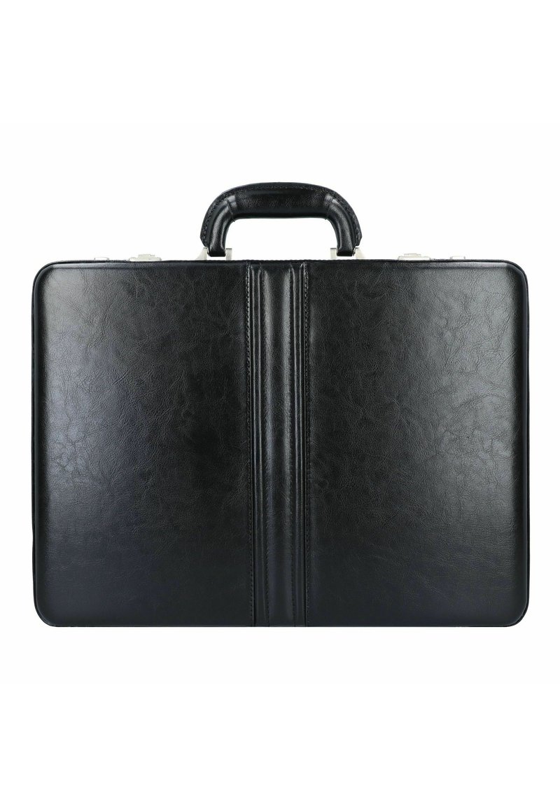 Black leather briefcase with a smooth texture, featuring a central split design, a rounded handle, and silver hardware accents.