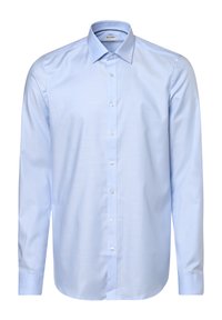 Hellblaues Langarmhemd aus glattem Stoff. Verfügt über einen klassischen Kragen, Knopfverschluss und abgerundete Manschetten. Dezente Struktur im gesamten Material.