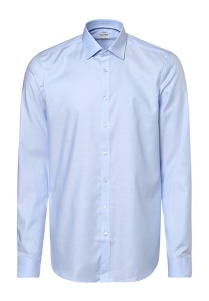 Hellblaues Langarmhemd aus glattem Stoff. Verfügt über einen klassischen Kragen, Knopfverschluss und abgerundete Manschetten. Dezente Struktur im gesamten Material.