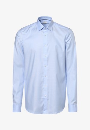 Hellblaues Langarmhemd aus glattem Stoff. Verfügt über einen klassischen Kragen, Knopfverschluss und abgerundete Manschetten. Dezente Struktur im gesamten Material.