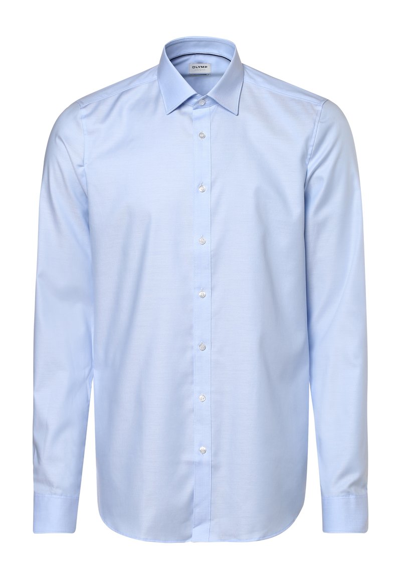 Hellblaues Langarmhemd aus glattem Stoff. Verfügt über einen klassischen Kragen, Knopfverschluss und abgerundete Manschetten. Dezente Struktur im gesamten Material.