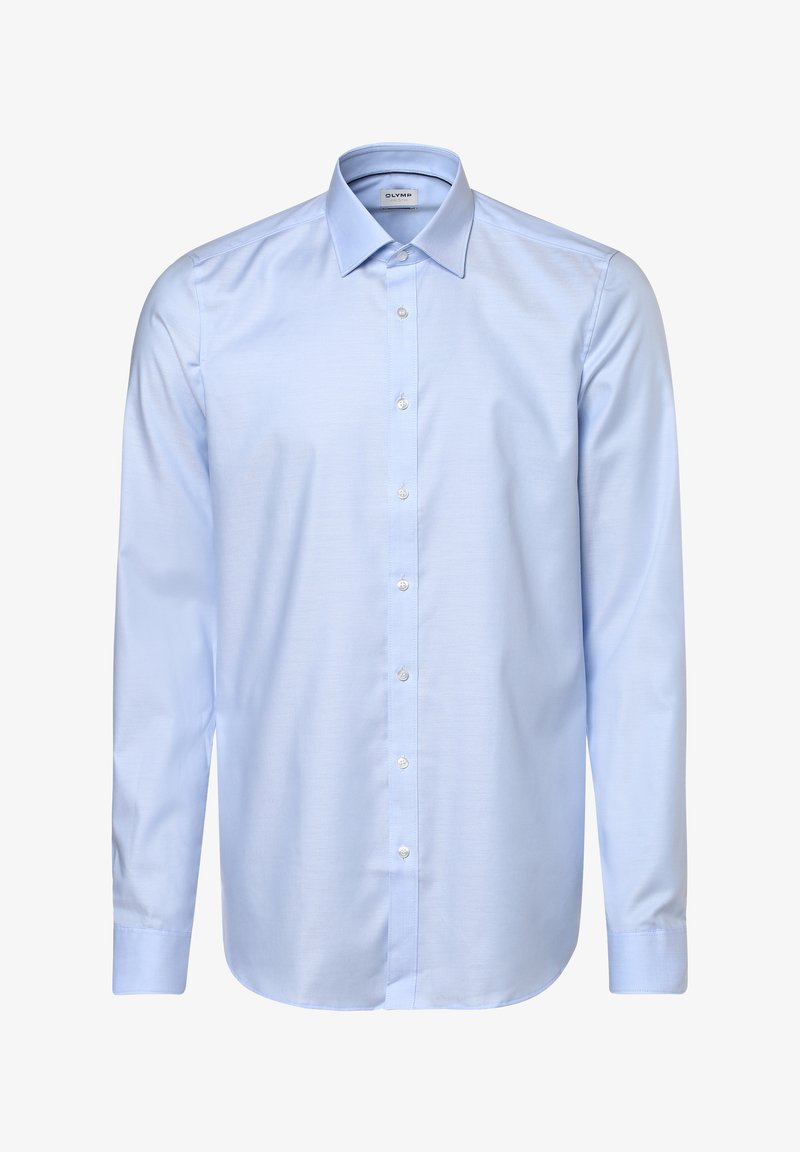 Hellblaues Langarmhemd aus glattem Stoff. Verfügt über einen klassischen Kragen, Knopfverschluss und abgerundete Manschetten. Dezente Struktur im gesamten Material.