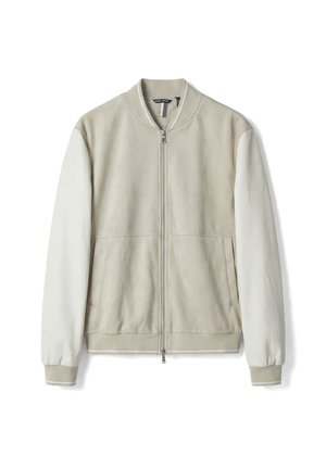 Beige bomberjack met geribbelde kraag en manchetten, licht crèmekleurige lange mouwen, ritssluiting aan de voorkant en zijzakken.