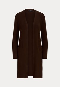 Cardigan lungo marrone con una trama a costine, apertura frontale e due tasche anteriori. Design minimalista senza bottoni o chiusure.