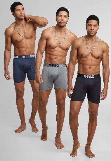 Boxers ajustés pour hommes en couleurs marine, gris et noir, dotés de ceintures élastiques avec des accents de marque. Tissu doux, ajustement confortable.