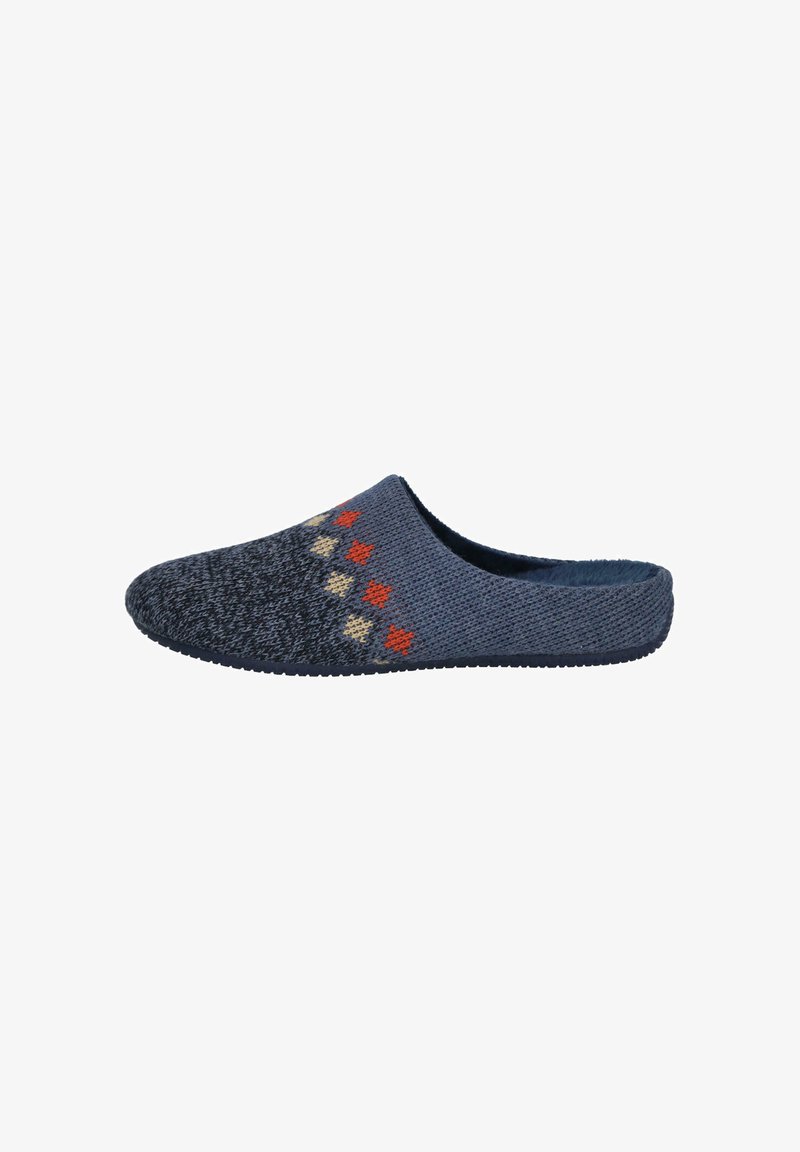 Zapatilla de punto en azul oscuro, con una punta texturizada en contraste y un patrón geométrico colorido en rojo, amarillo y naranja en el costado.