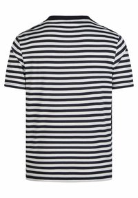 Gestreiftes T-Shirt mit horizontalen Marineblau- und weißen Streifen, Rundhalsausschnitt, kurzen Ärmeln und einer lockeren Passform aus geschmeidiger Baumwollqualität.