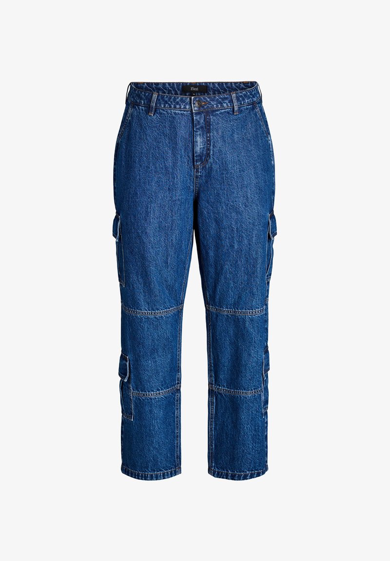 Tumedates denim cargo püksid mitme küljetaskuga, sirge jala disainiga ja kontrastsete õmblustega, varustatud nupu ja lukuga kinnihoidmiseks.