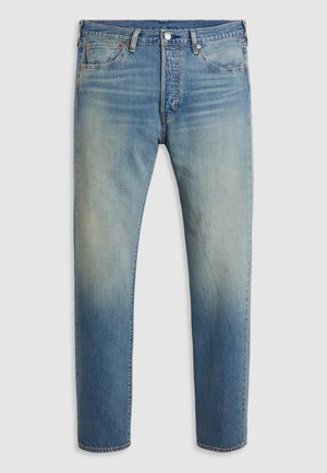 Vīriešu zili izbalējuši džinsi ar priekšējām kabatām, jostu cilpām, pogu aizdari un smalku nodilumu ap vidukli.