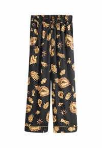 Pantaloni negri cu un model auriu de mâini, cranii, coroane și stele. Confecționați dintr-un material neted, cu talie elastică și mansete.