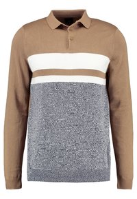 Maglione polo a maniche lunghe in beige e blu navy. Presenta un motivo testurizzato, una patta con due bottoni e righe orizzontali a contrasto.