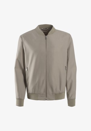 Light gray bomber jacket with a ribbed collar, cuffs, and waistband. Features two zippered side pockets and a full front zip closure.