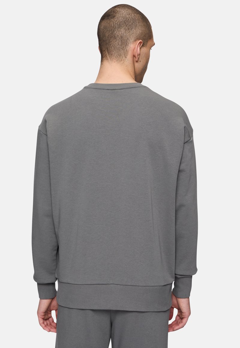 Felpa grigia con scollo rotondo e fondo a costine, caratterizzata da spalle scese e una texture liscia e morbida. Vista posteriore semplice.