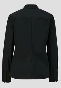 Camicia nera a maniche lunghe con colletto classico, vestibilità aderente e polsini con bottoni. Tessuto liscio con finitura opaca e senza motivi visibili.