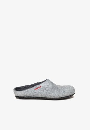 Grey felt slipper with a soft texture, rounded shape, open back, and a black sole. Features a small red logo near the upper edge.