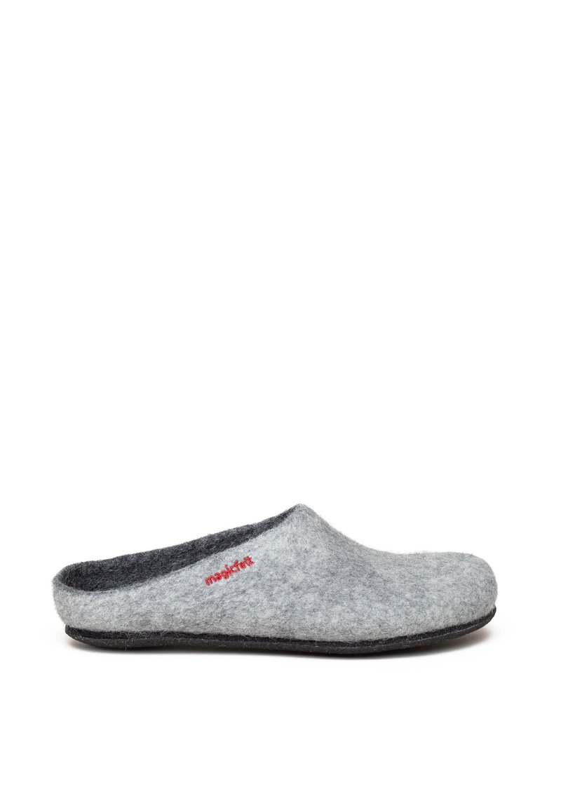 Grey felt slipper with a soft texture, rounded shape, open back, and a black sole. Features a small red logo near the upper edge.