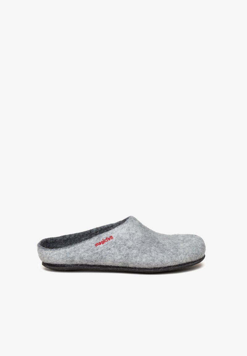 Grey felt slipper with a soft texture, rounded shape, open back, and a black sole. Features a small red logo near the upper edge.