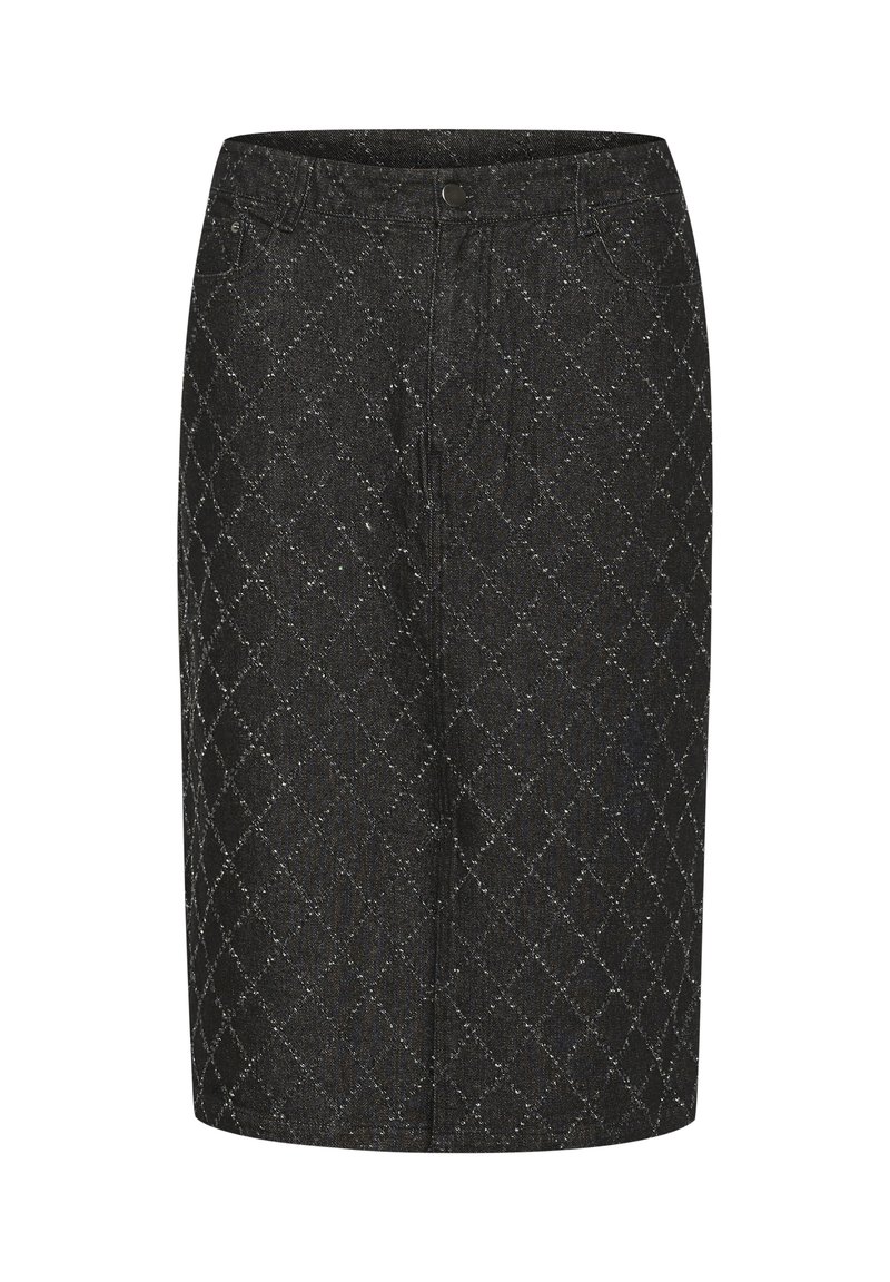 Jupe en denim noir avec un motif en diamant, design à cinq poches, fermeture à bouton à l'avant et silhouette droite.