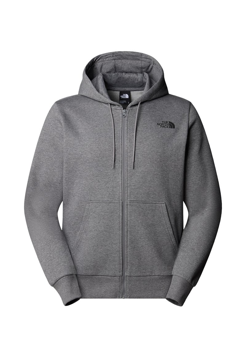 Chándal gris con cremallera fabricado en material suave. Cuenta con una capucha forrada con cordones y un pequeño logo negro en el pecho. Incluye bolsillos delanteros.