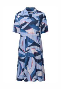 Kurzes Kleid mit kurzen Ärmeln in Blau und Weiß, das ein Blumenmuster mit roten Akzenten, einen Kragen und ein gestuftes Design aufweist.