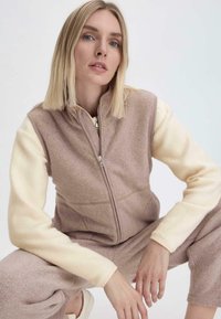 Fleece-Weste mit Reißverschluss vorne, präsentiert in einem rosabraunen Körper und cremefarbenen Ärmeln. Weiches Material und sportliches Design mit kontrastierenden Farben.