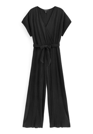 Schwarzer plissierter Jumpsuit mit kurzen Ärmeln, V-Ausschnitt mit Wickelfront, weiten Beinen und einem Bindegürtel in der Taille.