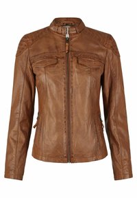 Braune Lederjacke mit hohem Kragen, zwei Brusttaschen, seitlichen Reißverschlüssen und strukturierten Schulterakzenten. Maßgeschneiderter, taillierter Schnitt.