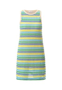 Abito senza maniche con una forma aderente. Il materiale presenta un motivo multicolore in tonalità di verde, blu e giallo con una finitura texturizzata.