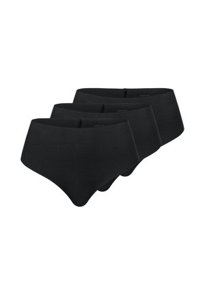 Drei schlichte schwarze Damen-Slips mit hoher Taille, überlappend auf weißem Hintergrund dargestellt.